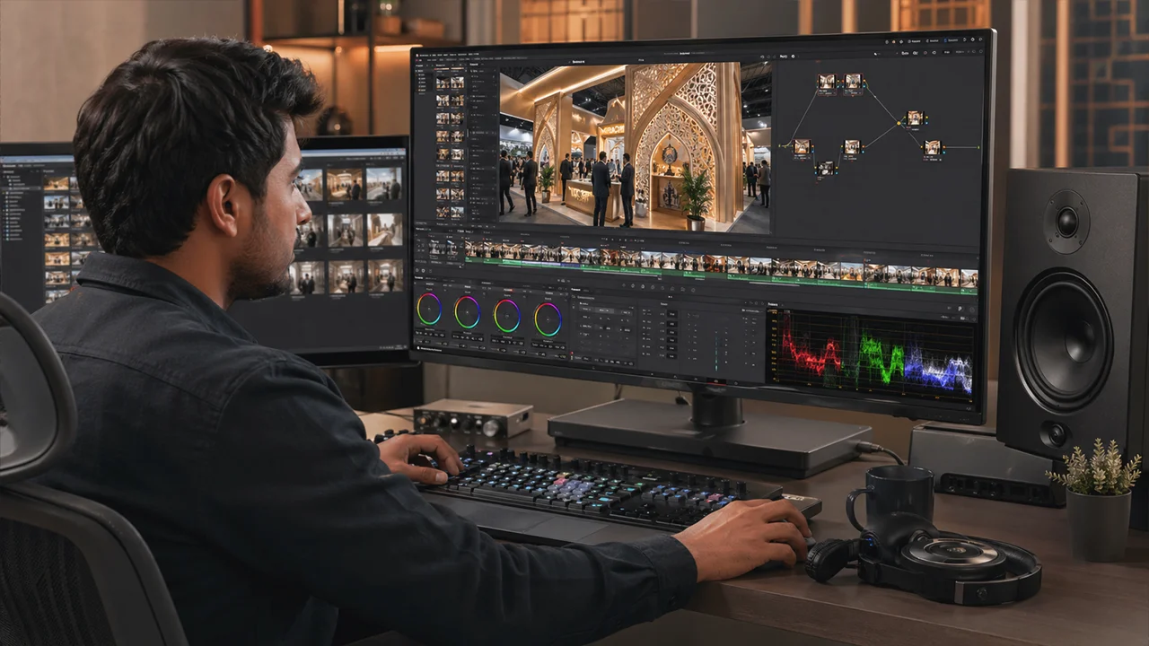 Монтажёр монтирует видеоролик с выставки в DaVinci Resolve